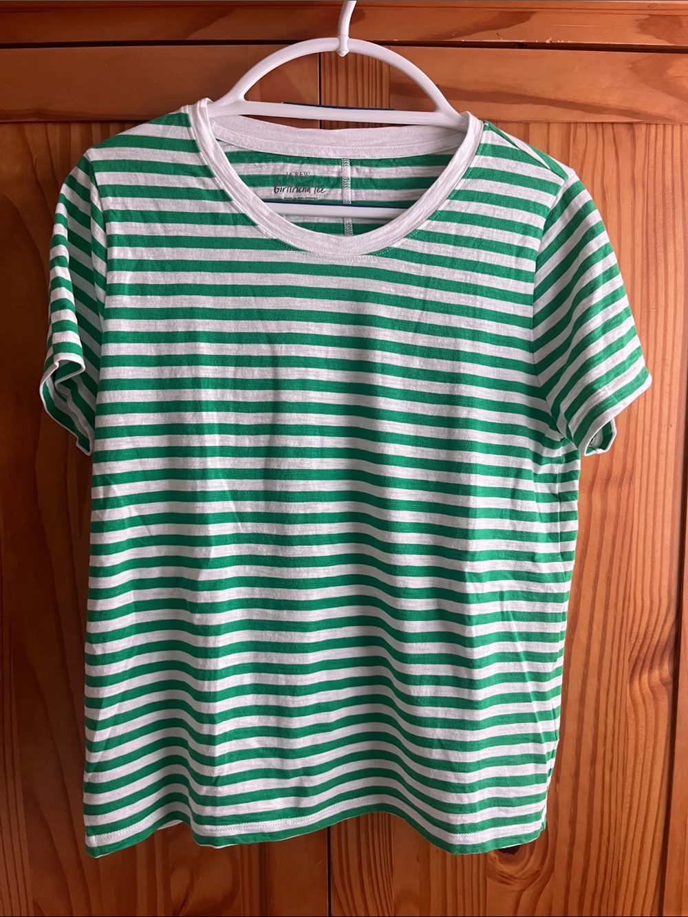 J. Crew Green and White Striped Girlfriend Tee